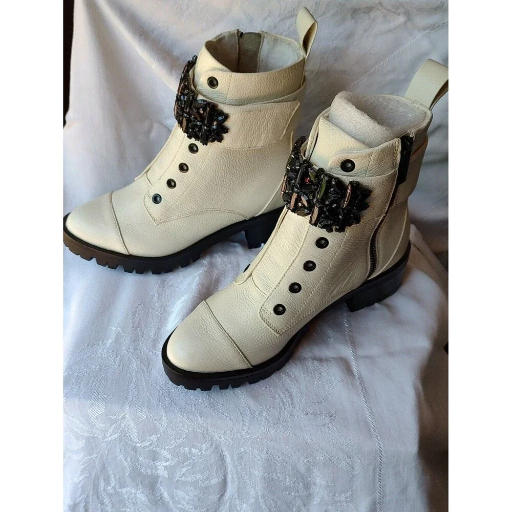 Karl Lagerfeld Women's Pippa Lug Sole Combat Boot Black Rhinestones Size 6